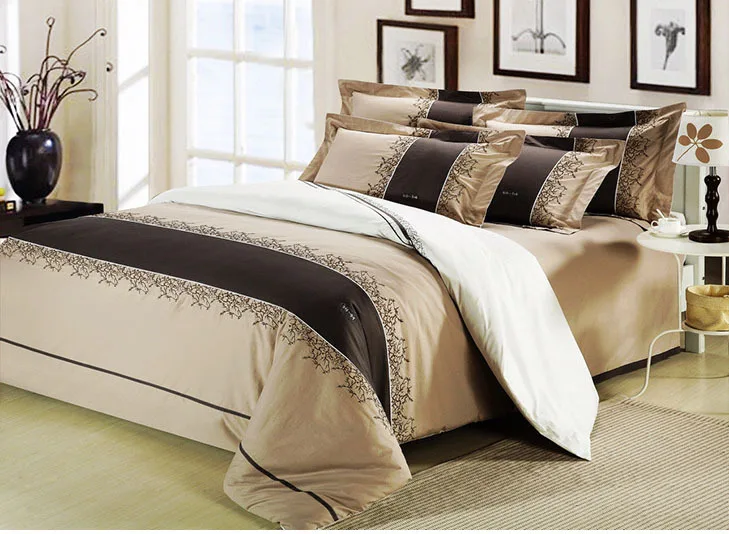 Classic brown&beige Embroidery 100cotton 4pcs comforter bedding set