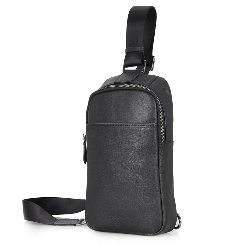 

Augus Brand Genuine Leather Men's Cross Body Chest Bag Solid Black Shoulder Bag 4001A