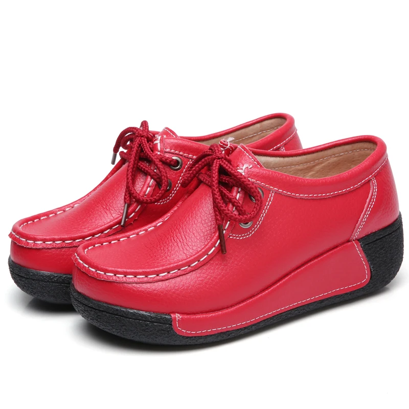 Женские кроссовки из натуральной кожи на платформе; женская обувь большого размера плюс; женские лоферы; повседневная обувь для отдыха - Цвет: Red