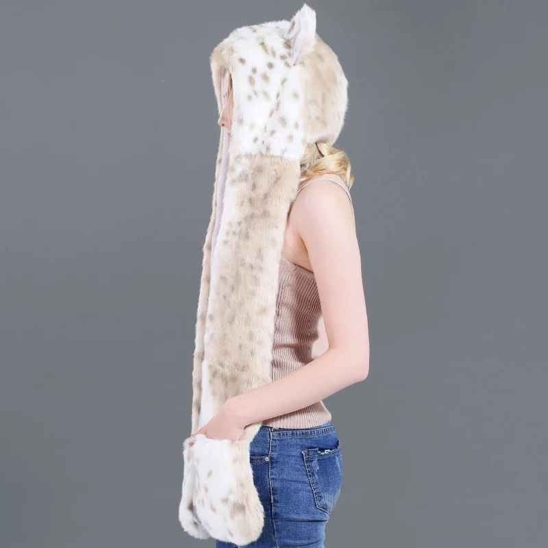 NSH001 3 в 1 Для женщин Зимний комплект теплый мягкий капюшон шарф, шляпа, перчатки набор флеш Кепки s искусственного меха животных Шапки для