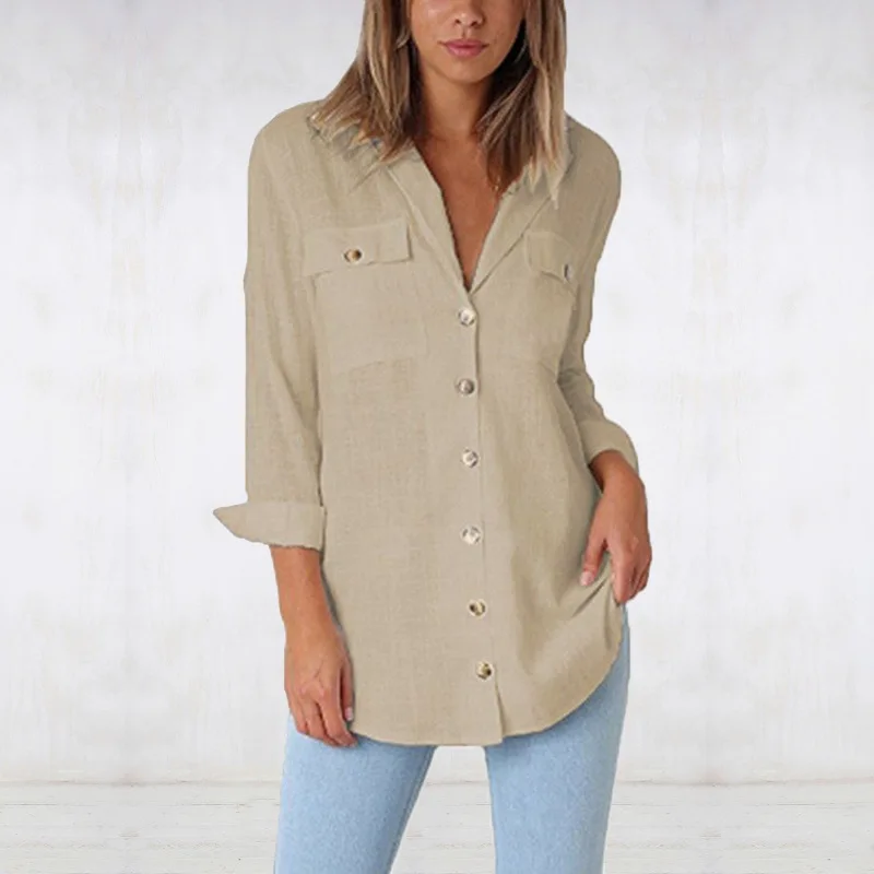 

Manubeau Vintage Autumn Shirt Women Casual Long Sleeve V-neck Button Up Loose Tops Office Ladies Khaki White Blouse with Pocket