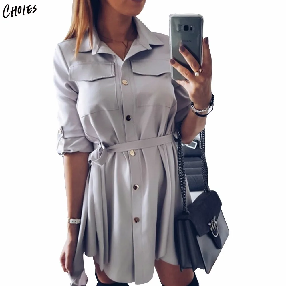 

Women Gray Button Placket Tie Front Long Sleeve Mini Dress Plus Size Turn-down Neck Autumn Casual Office Ladies Dress Vestidos