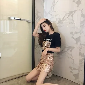 

Simple fashion sequin set spring summer loose wild round neck sequin T-shirt + high waist slimming sequin sector mini skirt