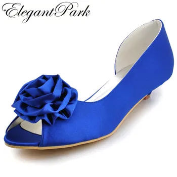 

Woman shoes Low Heel Peep Toe Flower Comfortable Satin Lady Girls Bride Prom Party Wedding Bridal Shoes Blue White Ivory WM-007