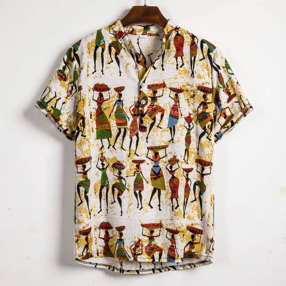 Рубашка из хлопка и льна, Гавайские мужские рубашки с коротким рукавом, приталенная Этническая футболка с цветочным принтом, повседневные пляжные рубашки, мужская одежда