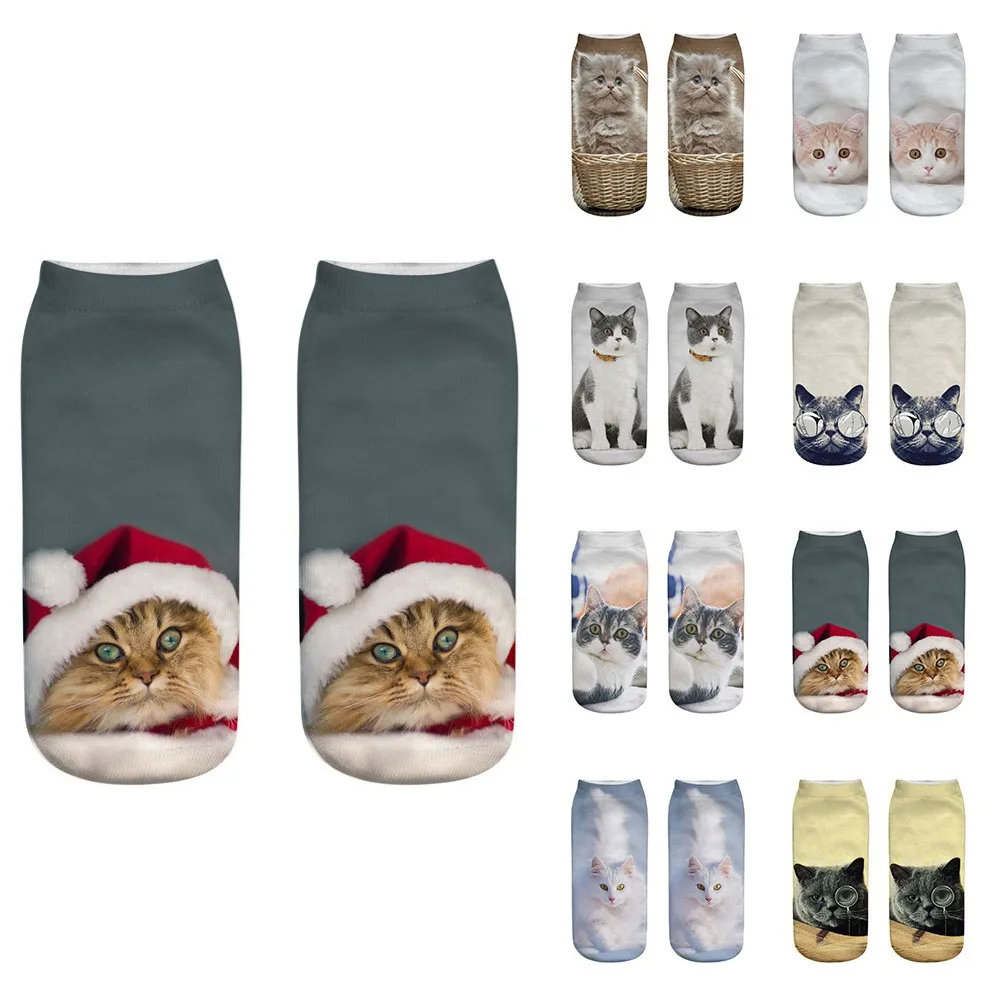 Носки для женщин и мужчин, 1 пара, унисекс, забавные, 3D, модные, с рисунком кота, повседневные носки, милые короткие носки, удобные, рождественские носки