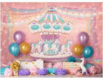 

Colorwonder Photography Background Carousel with Flowers and Balloons 7x5ft Pink Backdrop with Golden Spots Backdrop for Newborn