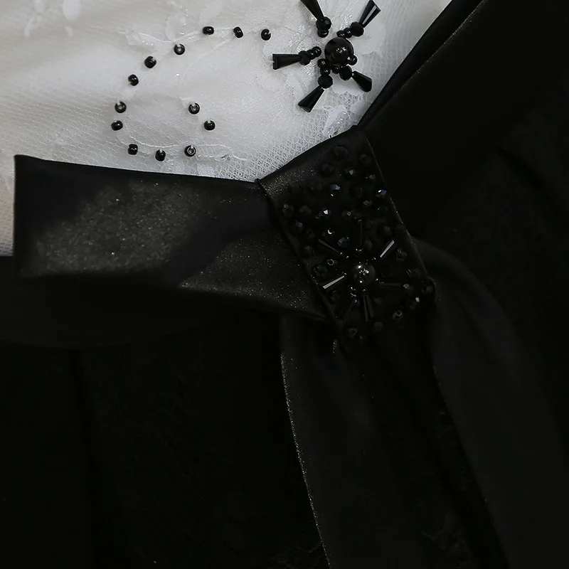 Вечернее платье Новые короткие Стиль v-образным вырезом банкет тонкие модные Черный и белый цвета элемент элегантного исполнения платье в Корейском стиле