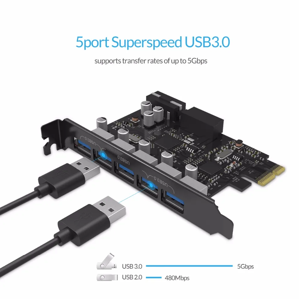 ORICO PVU3-5O2I USB3.0 5-Порты и разъёмы расширения PCI-E карта с двумя ЧИПАМИ с высоким уровнем Скорость с 20-контактный разъем слот-черный