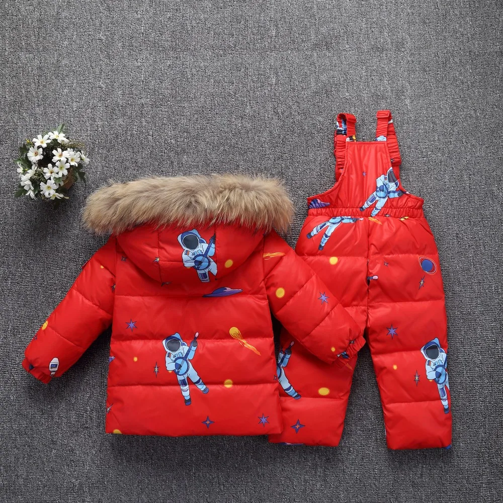 Зимние теплые комплекты одежды для детей Зимний комбинезон с натуральным мехом для маленьких девочек, детский лыжный костюм, комплект зимней одежды для мальчиков, пуховики+ штаны