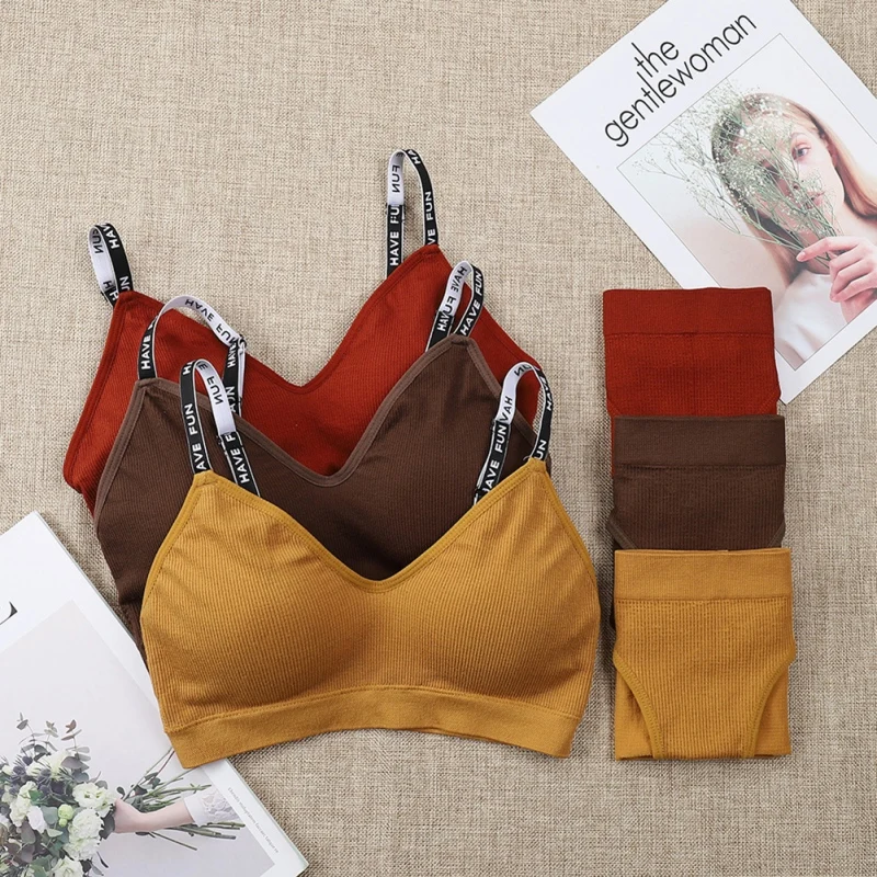 

Adjustable Solid Color Women Sling Small Bra High Waist Briefs Cotton Girl Shockproof Sexy Bra Sets