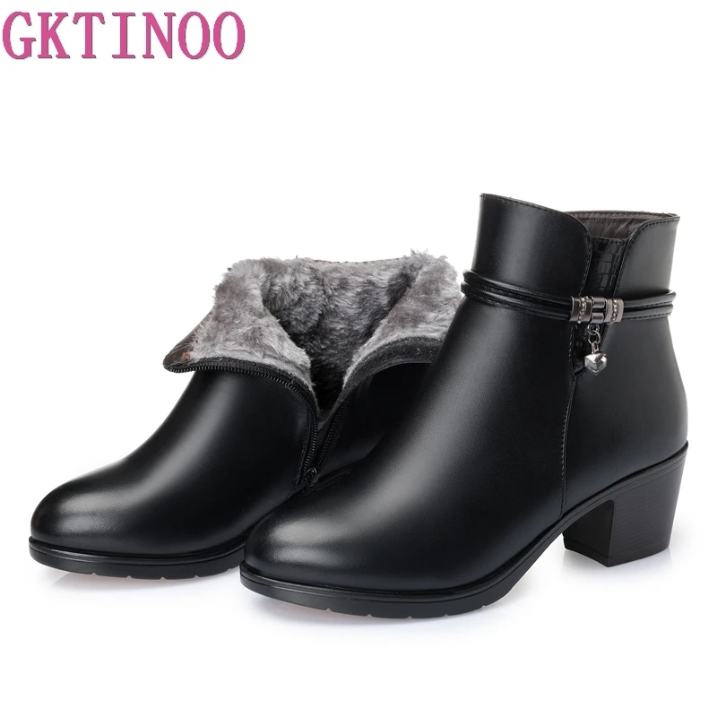 Online GKTINOO 2019 nueva moda botas de cuero suave para mujer Zapatos de tacón alto con cremallera botas de invierno de piel cálida para mujeres de talla grande 35 43