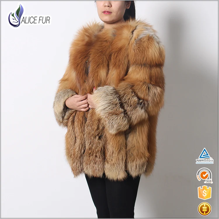 ALICEFUR Women Winter Fox Furs Coats Long O Neck Natural Color Red Fox