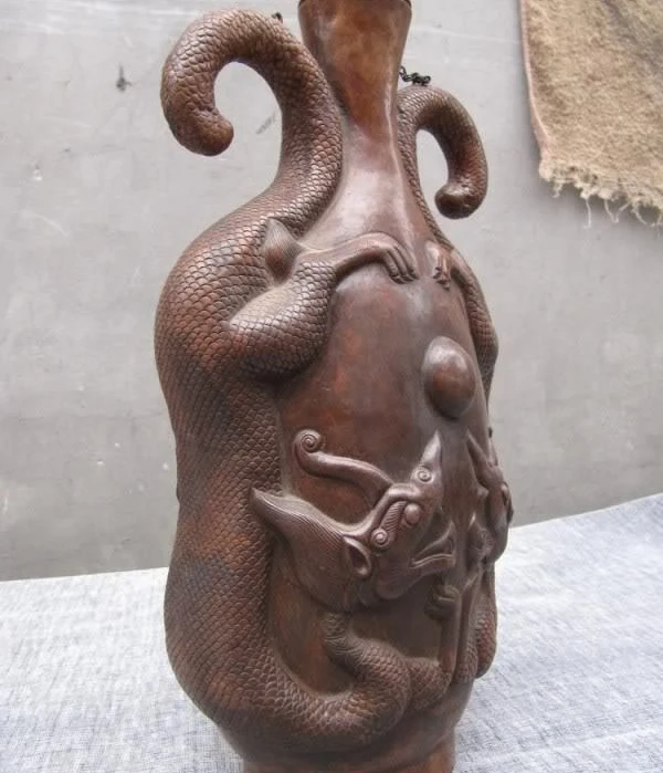 

13" Chinese Pure sheet copper Bronze Refined Two Dragons flagon Pot Vase