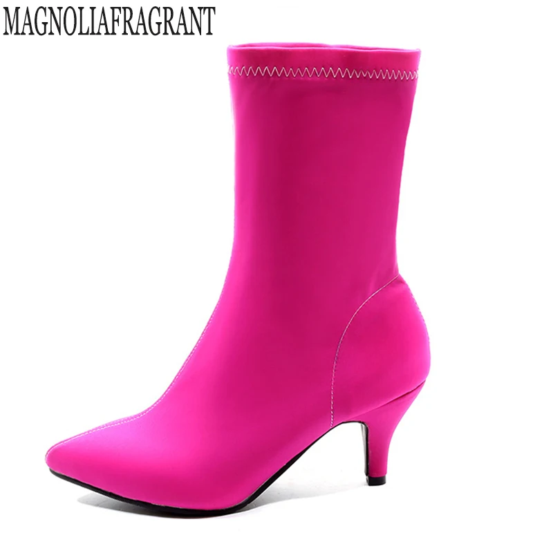 

2018 New Women Sock Boots Pointed Toe Elastic high heels Boots Slip On High Heel Ankle Boots Women Pumps Stiletto Botas c205