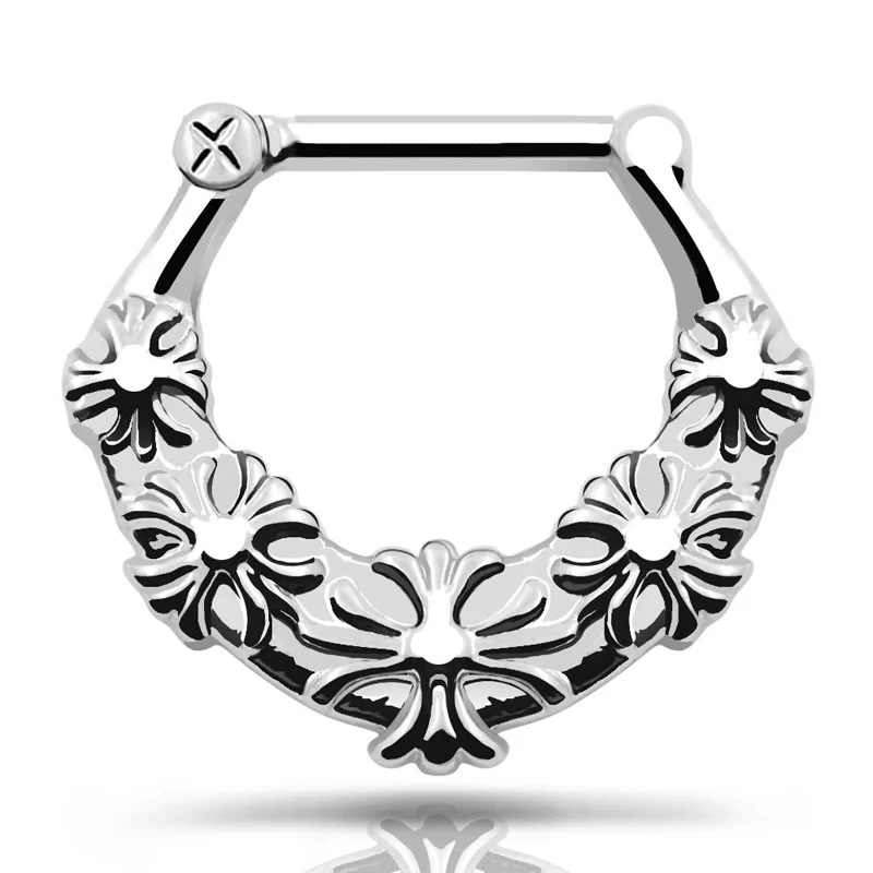 Stainless Steel Chrysanthemum Carved Septum Clicker Nose Ring Noses Rings Hoop Bull Cuff Ring