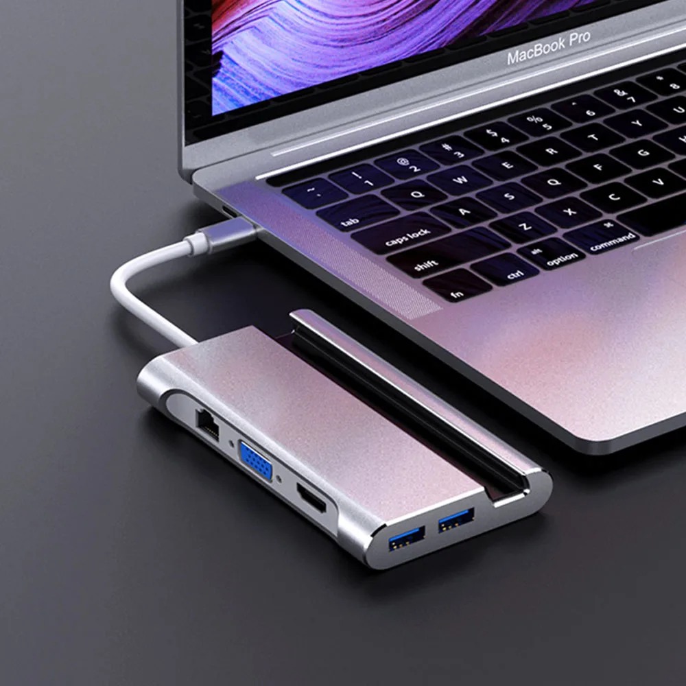 USB-C концентратор USB 3,0 HDMI VGA RJ45 Ethernet адаптер с держателем для телефона стенд Thunderbolt 3 PD для MacBook Pro huawei USB C концентратор - Цвет: Silver