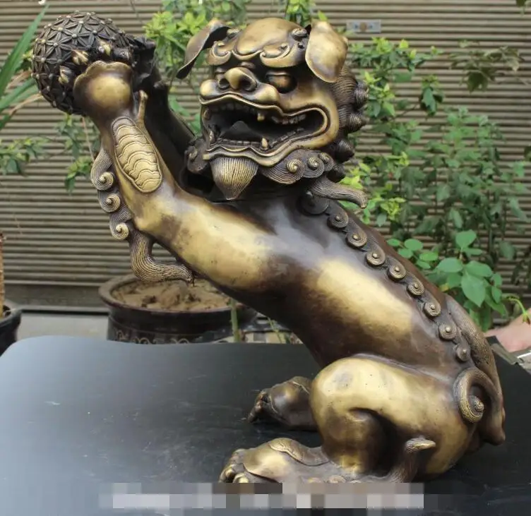 S2585 19" Marked Chinese Feng Shui Pure Bronze Foo Fu Dog Guardion Lion