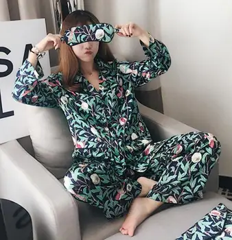 

3PCS 2019 New Spring Summer Women Sleepwear Sets Print Flower Pajamas Lady Soft Nightwear With Eyeshade Home Sets