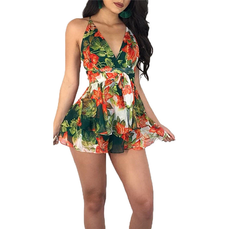 Новое поступление женские 2018 летние комбинезоны сексуальные с открытой спиной с цветочным принтом облегающие Боди Комбинезоны модные
