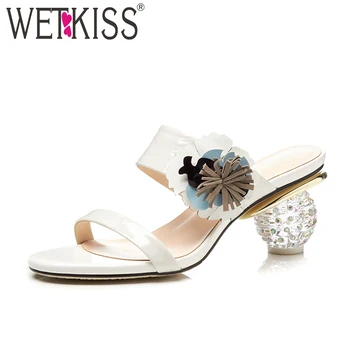 

WETKISS 2018 New Summer Fashion Women Mules Cow Leather Slippers Open Toe Ladies Slides Crystal High Heels Flowers Slip on Shoes