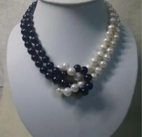 

Free Shipping >>surprising design 2 row 8-9 mm white & black Akoya Cultured Pearl necklace 14K