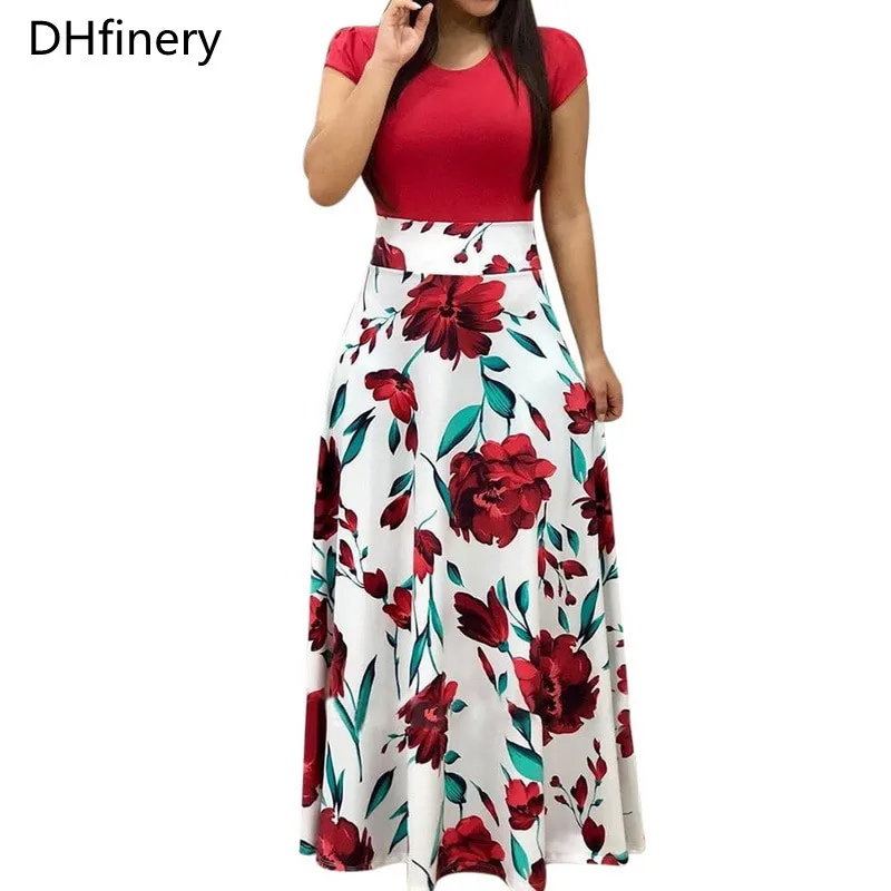 

Vintage Floral Print Patchwork Long Dress Women 2019 Casual Short Sleeve Party Dress Elegant O Neck Ladies Maxi Dress 560