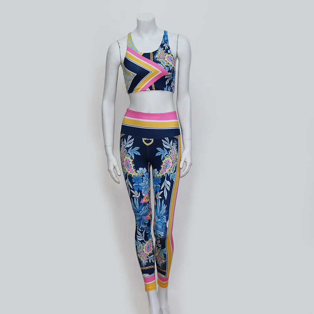 С цветным Ретро принтом набор для йоги женские сексуальные леггинсы пуш-ап Спортивная одежда Женская спортивная одежда тонкий тренировочный комплект для бега