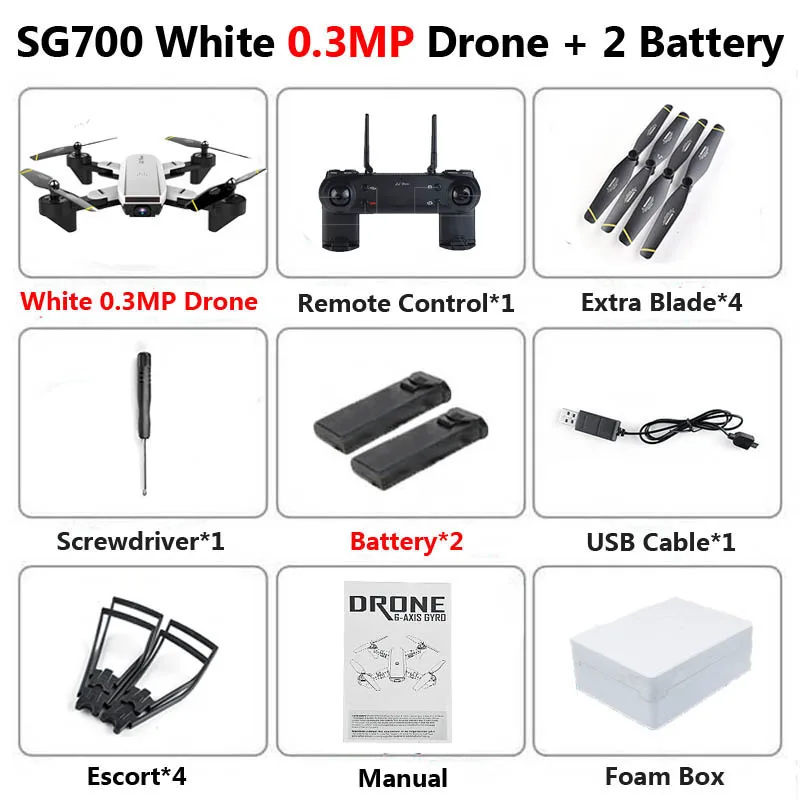 SG700 Профессиональный складной Дрон с камерой 2MP HD WiFi FPV контроль скорости удержания высоты RC Квадрокоптер Вертолет игрушка XS809 E58 - Цвет: 0.3MP White 2B Foam