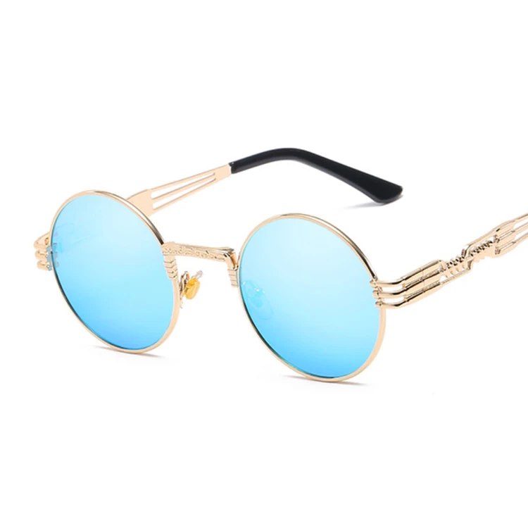Стимпанк Солнцезащитные очки женские круглые очки мужские линзы унисекс, винтаж, ретро стиль панк Солнцезащитные очки женские Oculos De Sol - Цвет линз: GoldBlue