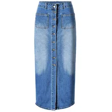 Однобортная джинсовая юбка для женщин, лето, женские длинные юбки с разрезом, прямые повседневные джинсовые юбки размера плюс, юбки макси