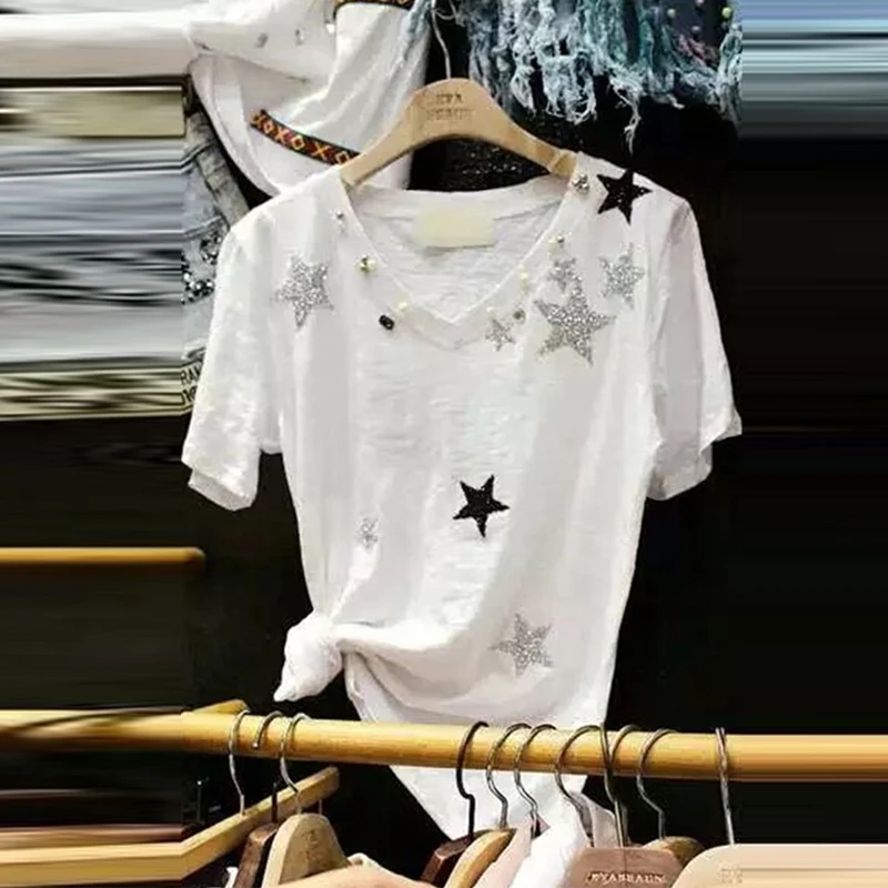 

Casual Sequined Beadings Stars Women's T-shirts Summer Fashion V Neck All Match Ladies' Tops Short Sleeve Female Tee Shirts A150