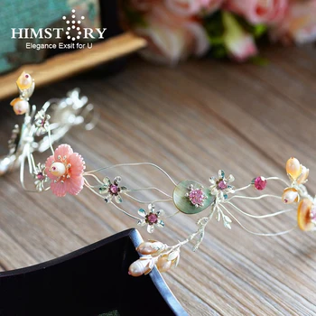

Himstory Elegance Handmade Retro Gold Pink Flower Wedding Hairbands Soft Brides Bridesmaids Tiara Headpiece Hair Accessories