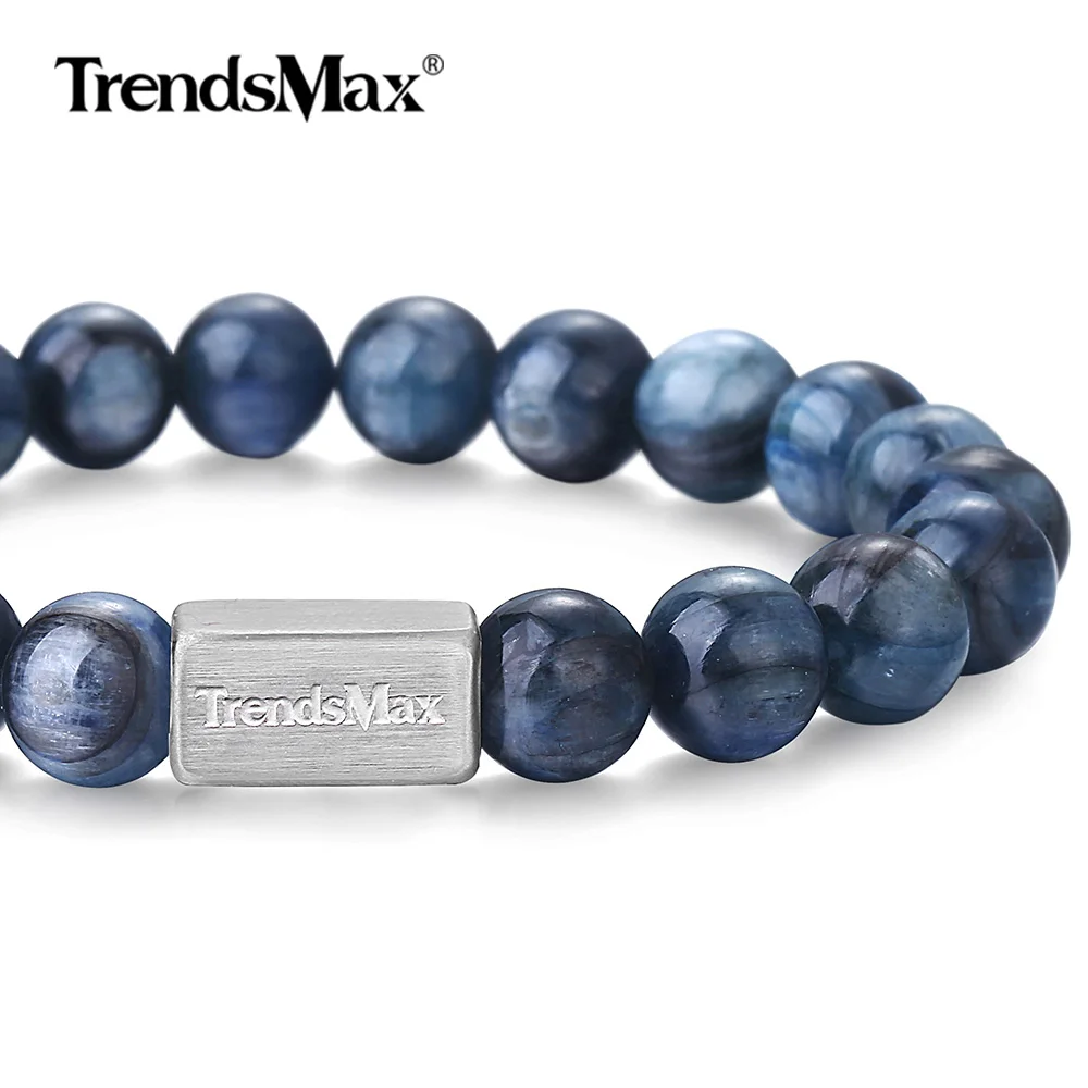 

Natural Stone Beaded Bracelet for Mens Womens Stretch Beaded Chain Bracelet Stainless Steel Wristband Blue Kyanite Gem TBB01118