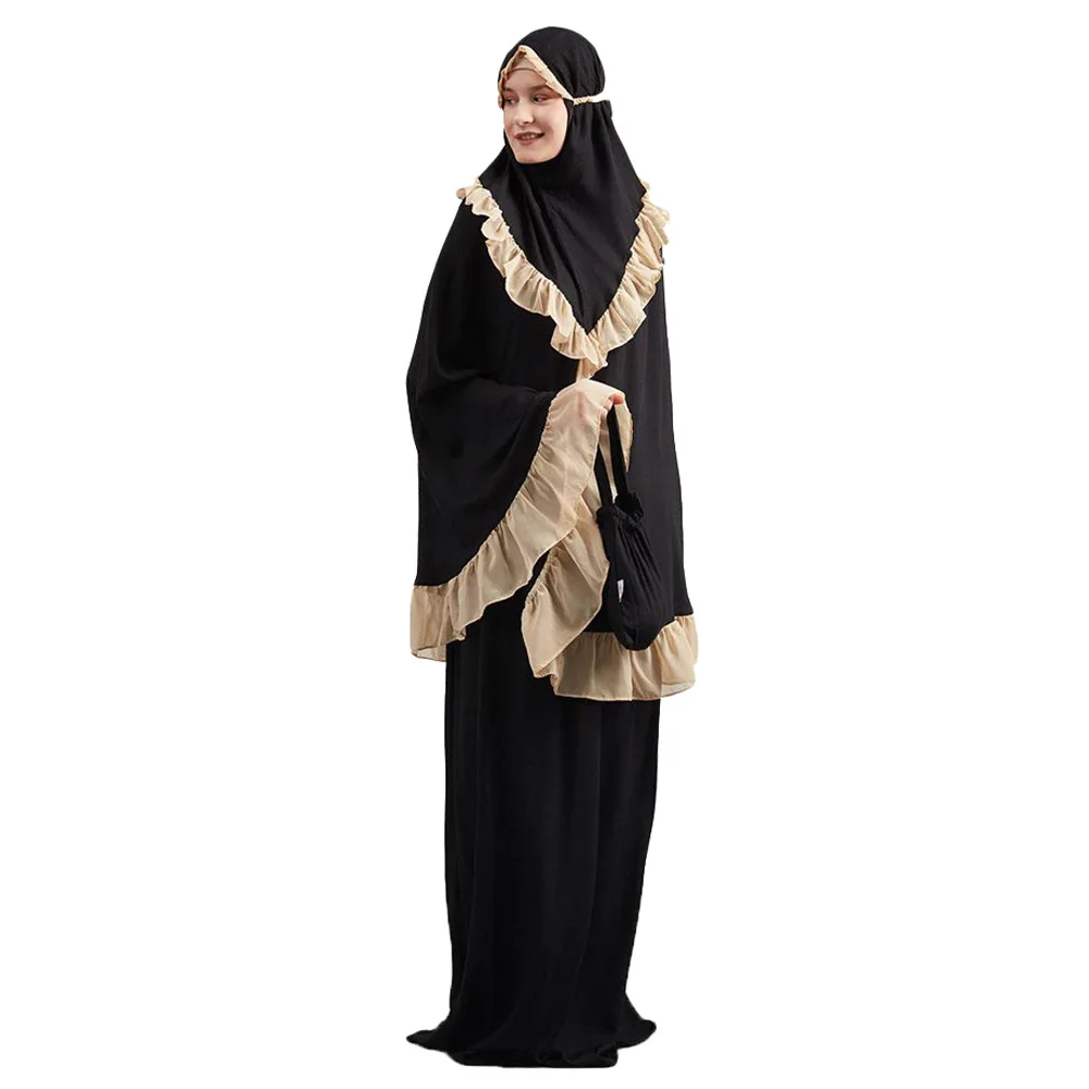 Muslim Worship Lady Thobe Gown Hijab Prayer Bat Sleeve Middle East Robe Islamic With Hood Abaya Praying Lace edge Hijab Dress