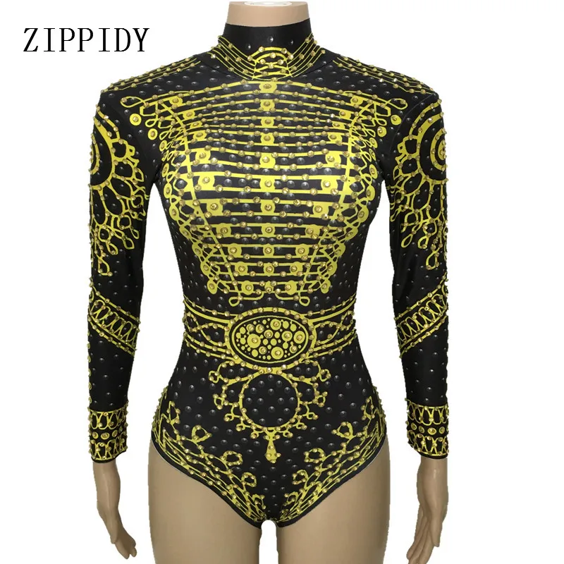 

Black Gold Rhinestones Printed Long Sleeve Sexy Leotard Singer Dance Costume Stage Nightclub Women's Birthday Show Bodysuit