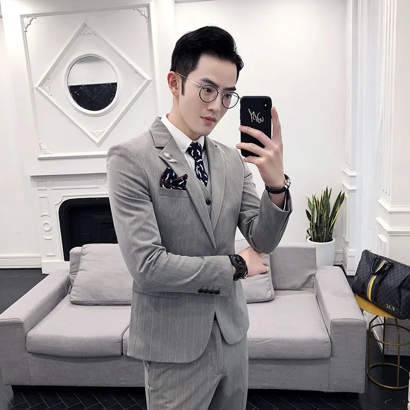 ( Jackets + Vest + Pants ) 2018 New High-end Brand Striped Formal Business Suit 3 Sets / Men's Wedding Dress Groom Striped Suits