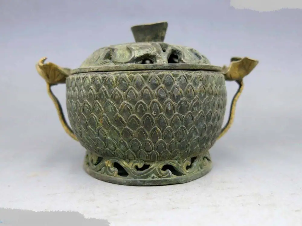 

DS DS China brass copper carved fine Beautiful lotus flower Incense burner censer