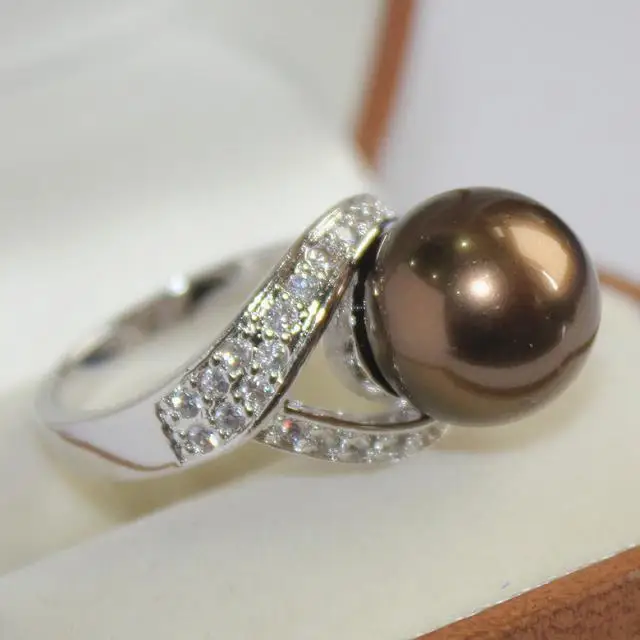 

10X10 Girl's Jewelry Shop> Beautiful silver plated crystal dcor lady and 12 mm brown shell pearl ring (# 7 8 9 10)