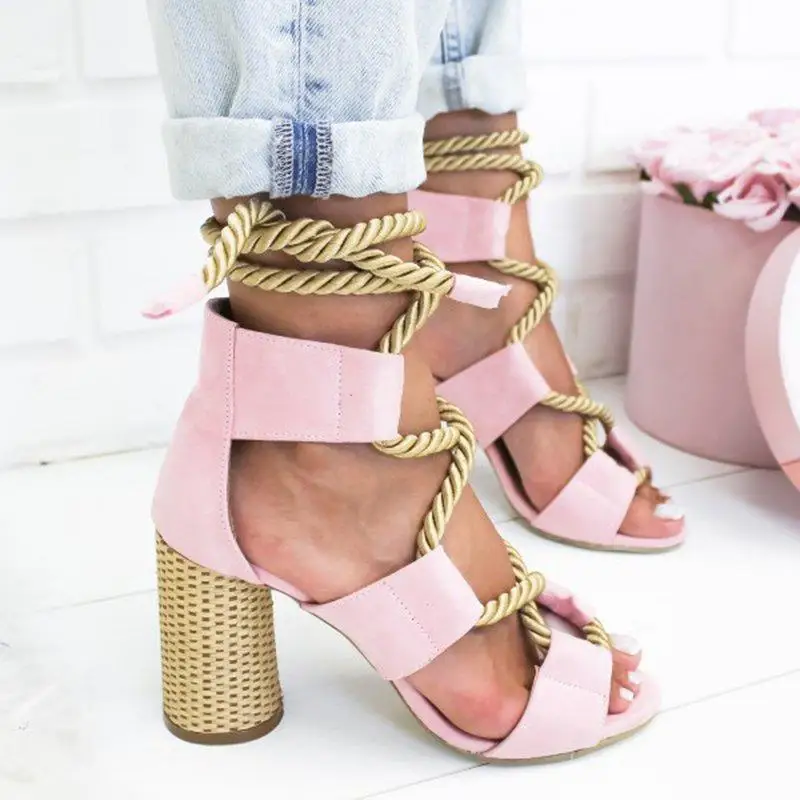 

Summer Boho Gladiator Square Heel Women Sandals Lace up Hemp Platform Ladies Sandals Solid Open Toe Rome Women Shoes