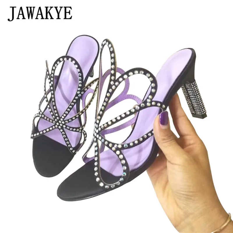 

Hollow Crystal Butterfly Slippers for Women Runway Style Real Leather Sandals Summer Diamond Heel Party Wedding Shoes Women