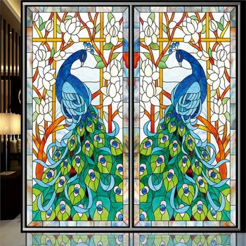 

Custom Size peacock patten window film retro portrait color painting static cling with opaque frosted decorative raamfolie