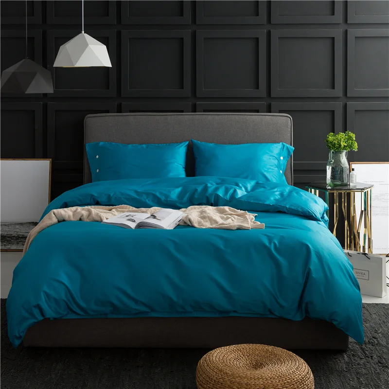 

60S Pure Cotton Bedding Set European Plain Dyed Blue Bedlinen Queen Size Duvet Cover Flat Sheet Pillowcase Bedding Set