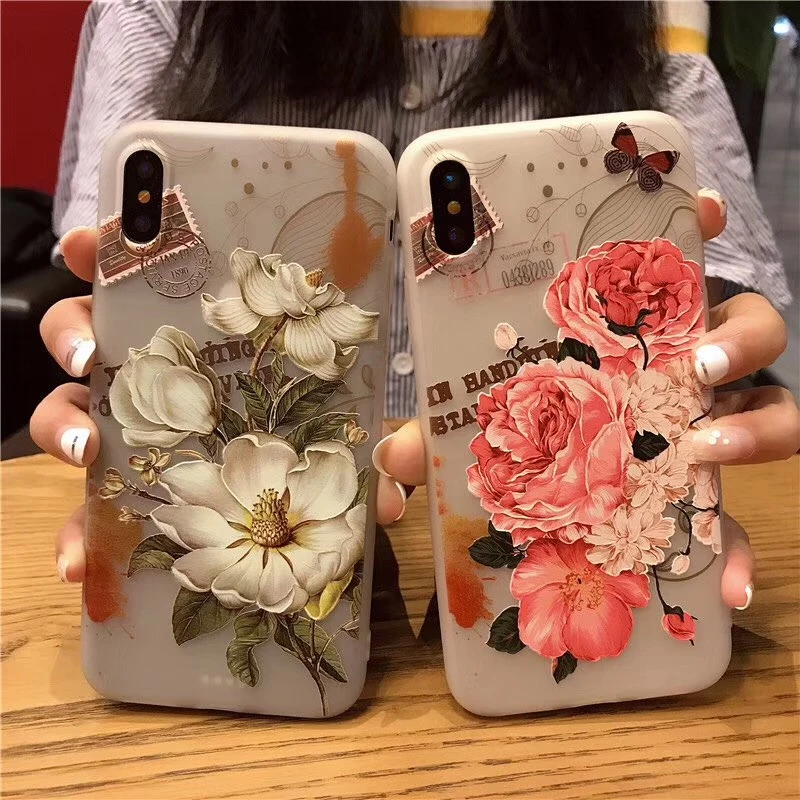 

Floral Relief Phone Case For iphone 7 7plus Stamps peony rose Pattern soft silicon case For iphone X 6 6s 7 7plus Case