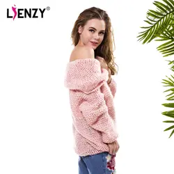 LIENZY Spring Lovely Pink Women Sweater Slash Neck Off Shoulder Loose Long Sleeve Hollow Sexy Coarse Lines Knitted Pullovers