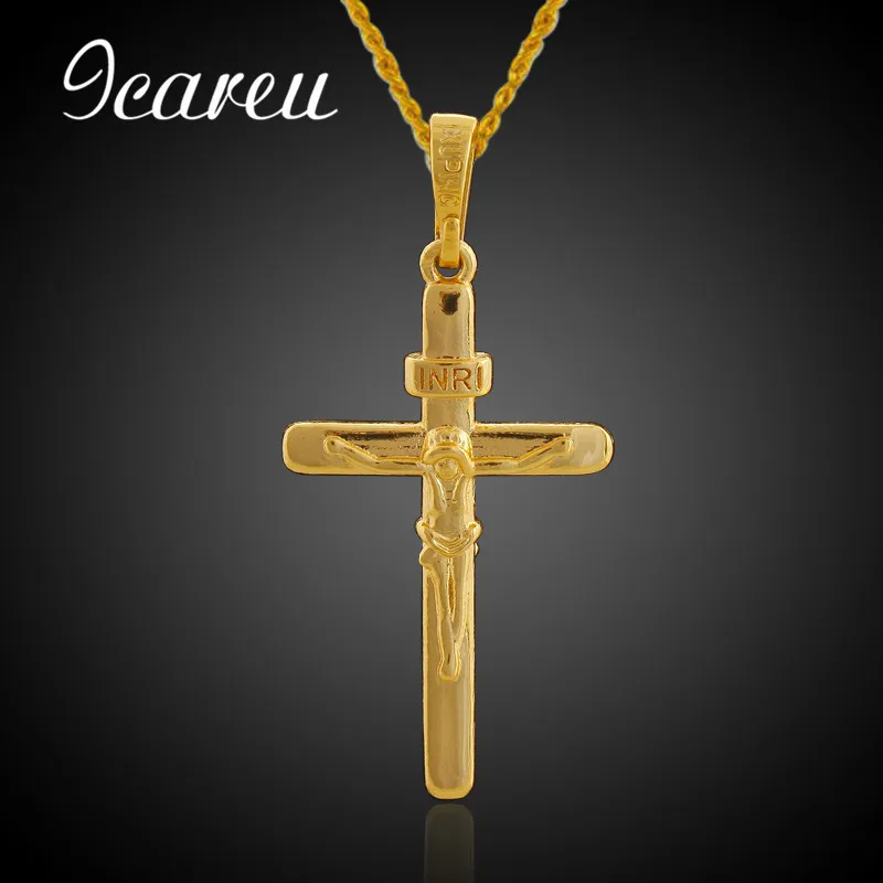 Inri cruz Crucifixo Pingente Pedaço Jesus & Colar Homens de Aço Inoxidável da Cor do Ouro Cadeia Cristão Presentes da Jóia Do Vintage