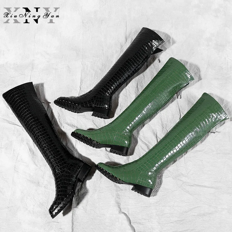 

XIUNINGYAN Brand Sexy Women Boots Luxury Solid Cow Leather Knee-high Winter Boots Warm Wool Fur Thick Heel Round Toe Shoes