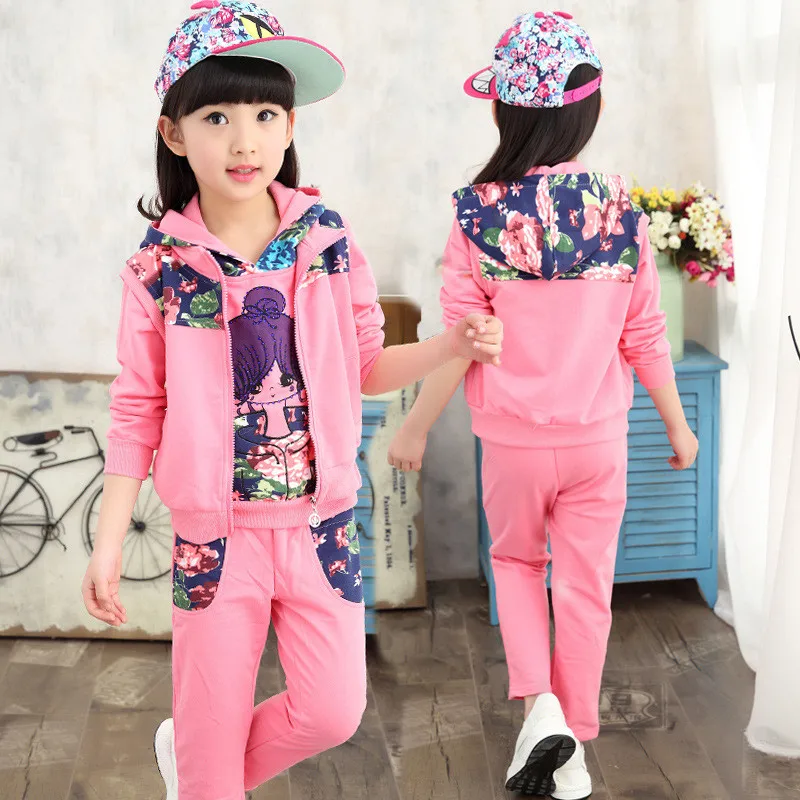 2016 Baby Hooded 3pcs set Autumn Winter Style Kids Cotton Printed School Tracksuit Uniform Sport Christmas