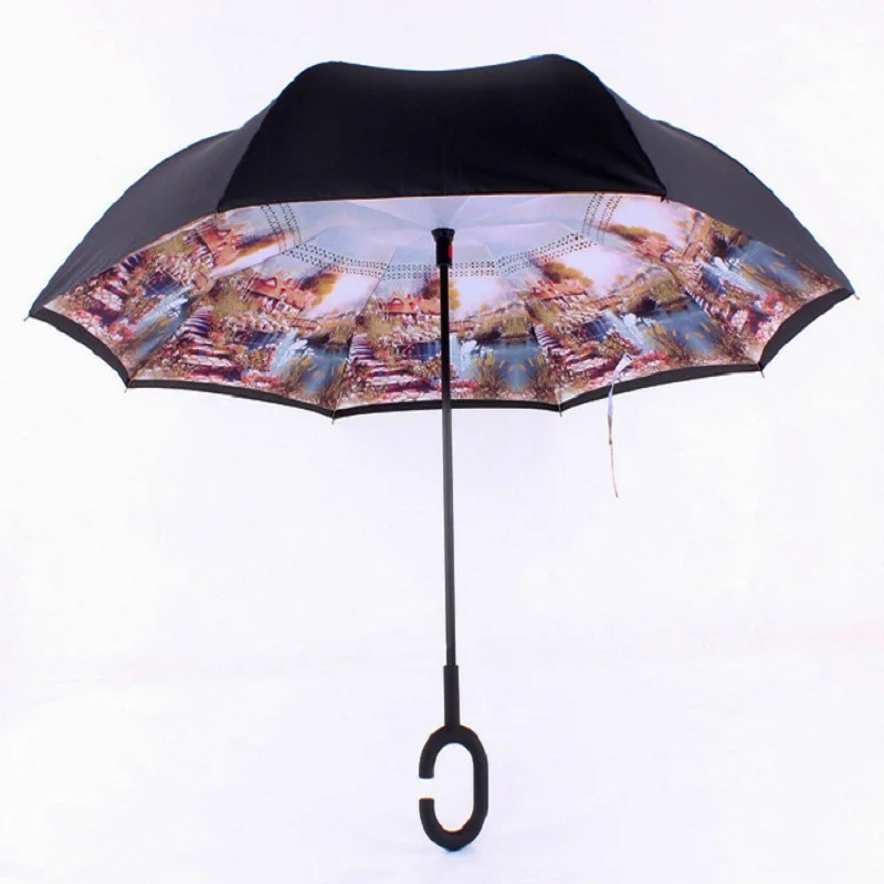 Windproof Double Layer Reverse Folding Umbrellas Long Handle C Shaped