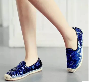 

Paillette FisherMan Shoes Sequin Straw Braid Female Flat Shoes Women Single Shoes Female Genuine Leather Plus Size 61 Flats